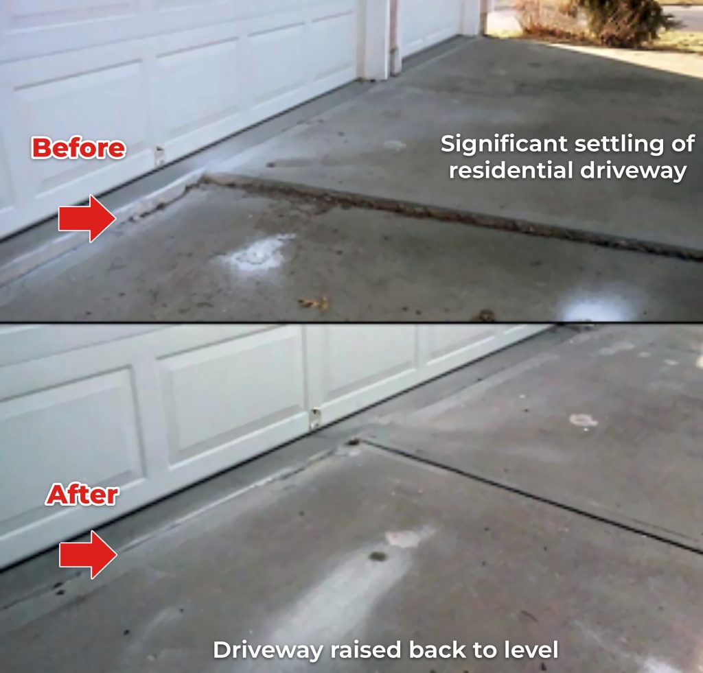 Before and after views of a driveway slab beside a garage door, showing the raised slab closer to level
