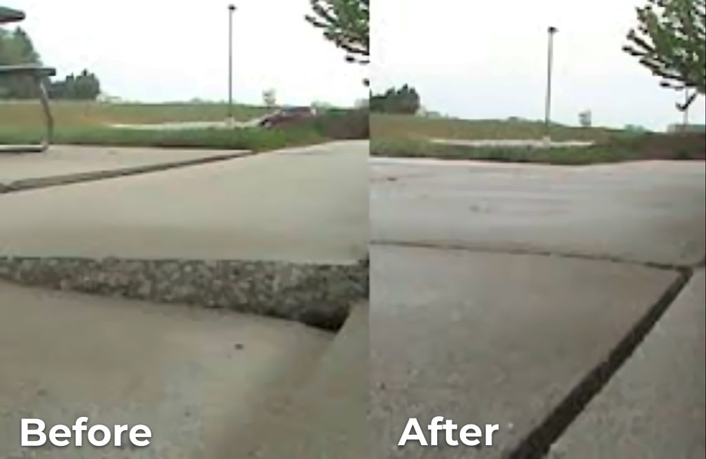 Before and after views of an uneven concrete slab edge, showing the slabs more level after lifting