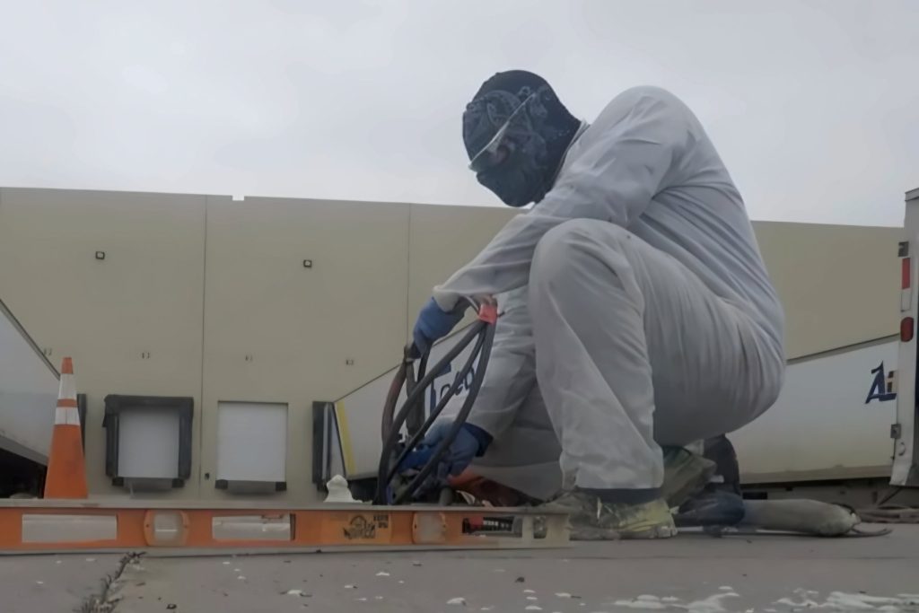 Worker in a white protective suit using equipment beside a concrete slab, with a level in the foreground